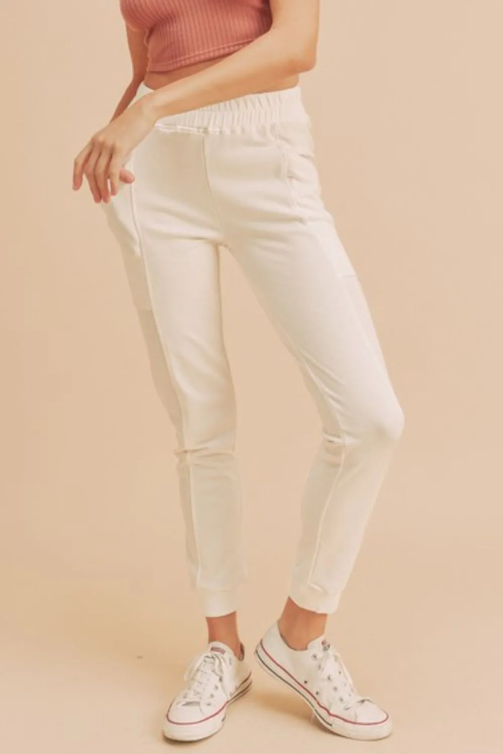 White Elastic Waist Joggers with Pockets