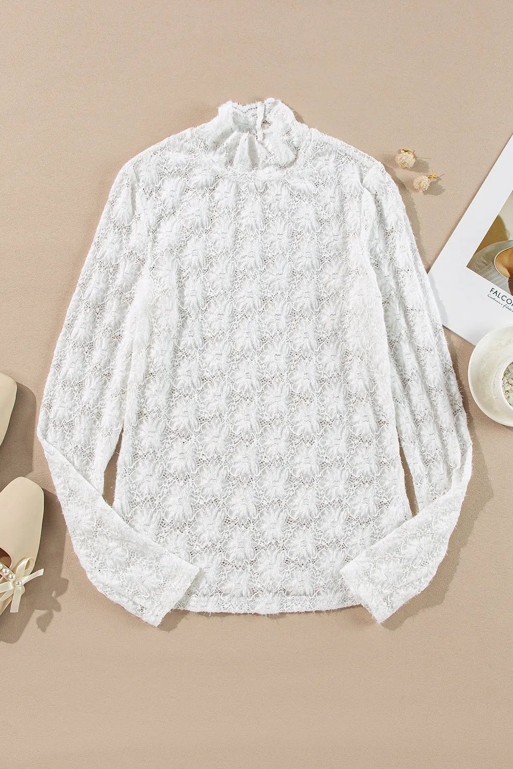white Floral Lace High Neck Long Sleeve Top