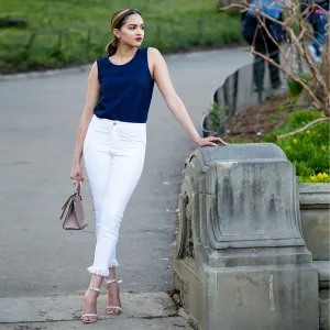 White Fringed Hem Capris Jeans