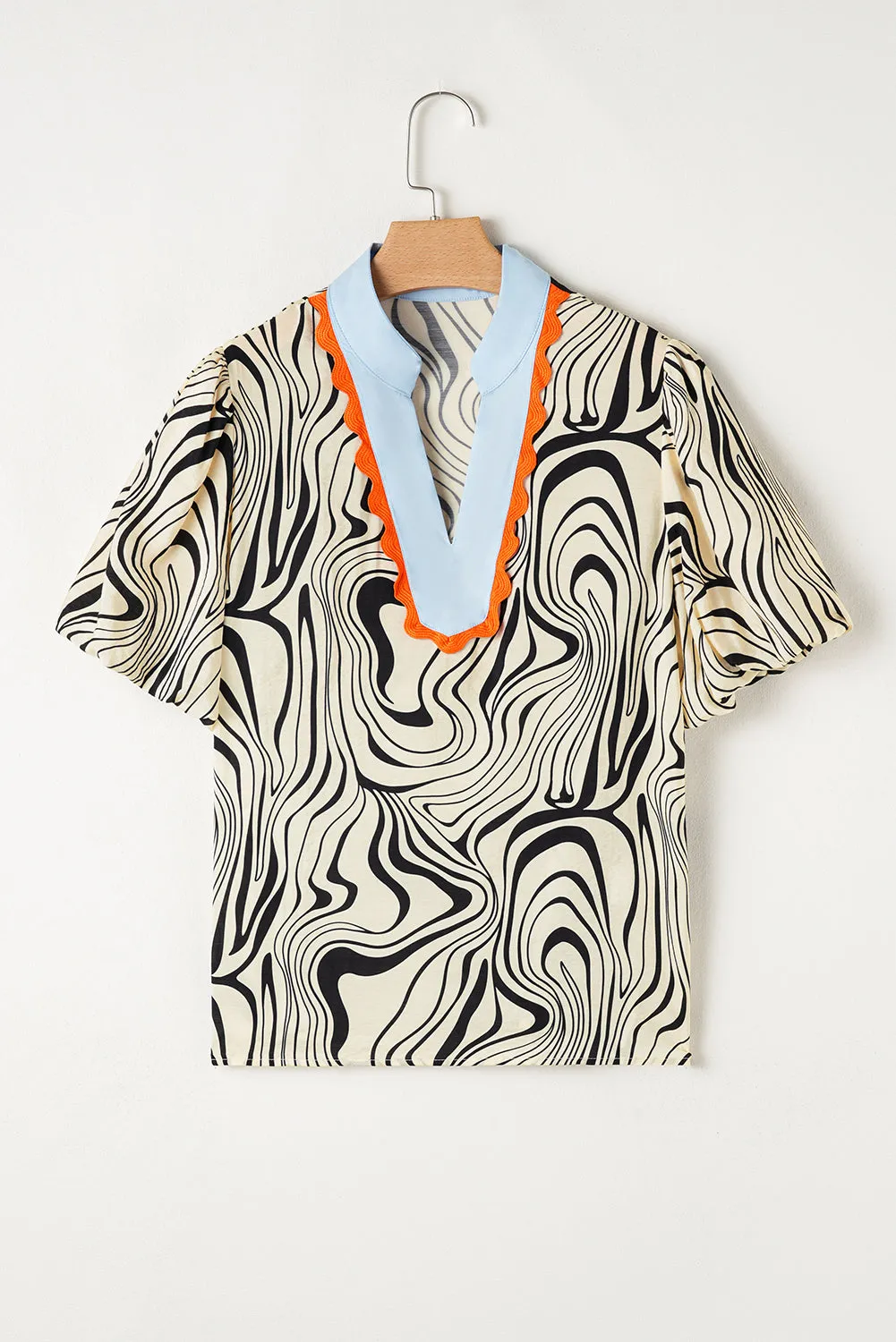 White Zebra Stripe Print Contrast V-Neck Ricrac Detail Short Sleeve Blouse Top