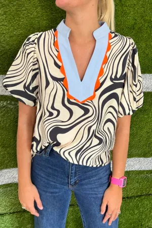 White Zebra Stripe Print Contrast V-Neck Ricrac Detail Short Sleeve Blouse Top