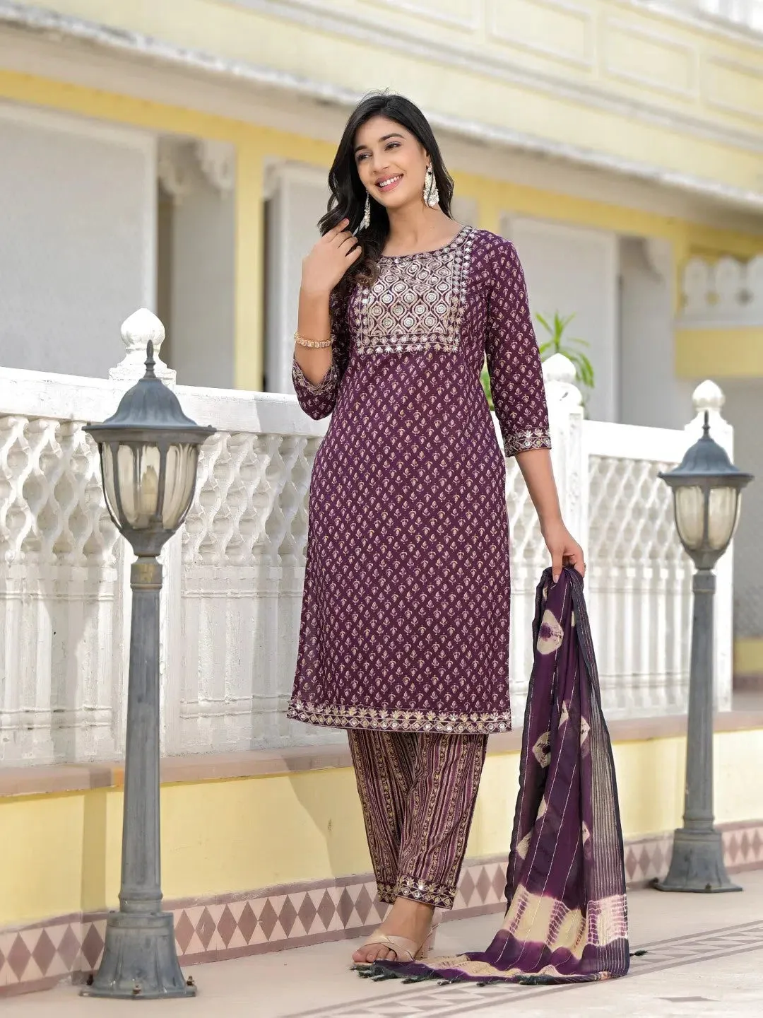 Wine Ethnic Motif Printed Cotton Kurta, Pant And Dupatta Set With Zari Work & Sequins-J4801OT11WINE