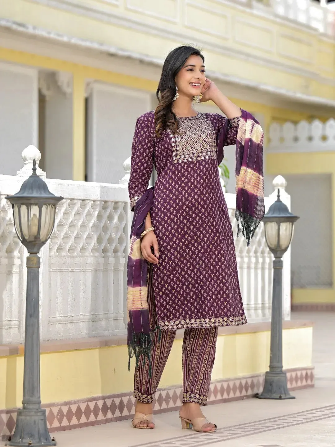 Wine Ethnic Motif Printed Cotton Kurta, Pant And Dupatta Set With Zari Work & Sequins-J4801OT11WINE