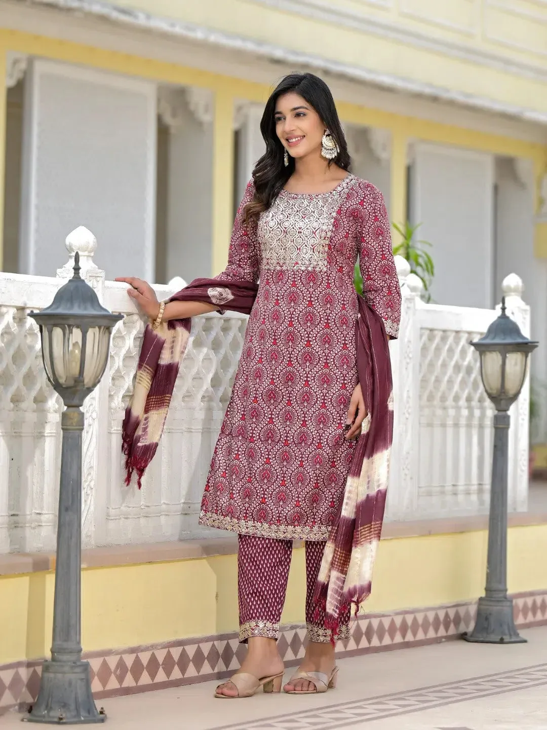 Wine Ethnic Motif Printed Cotton Kurta, Pant And Dupatta Set With Zari Work & Sequins-J4802OT11WINE