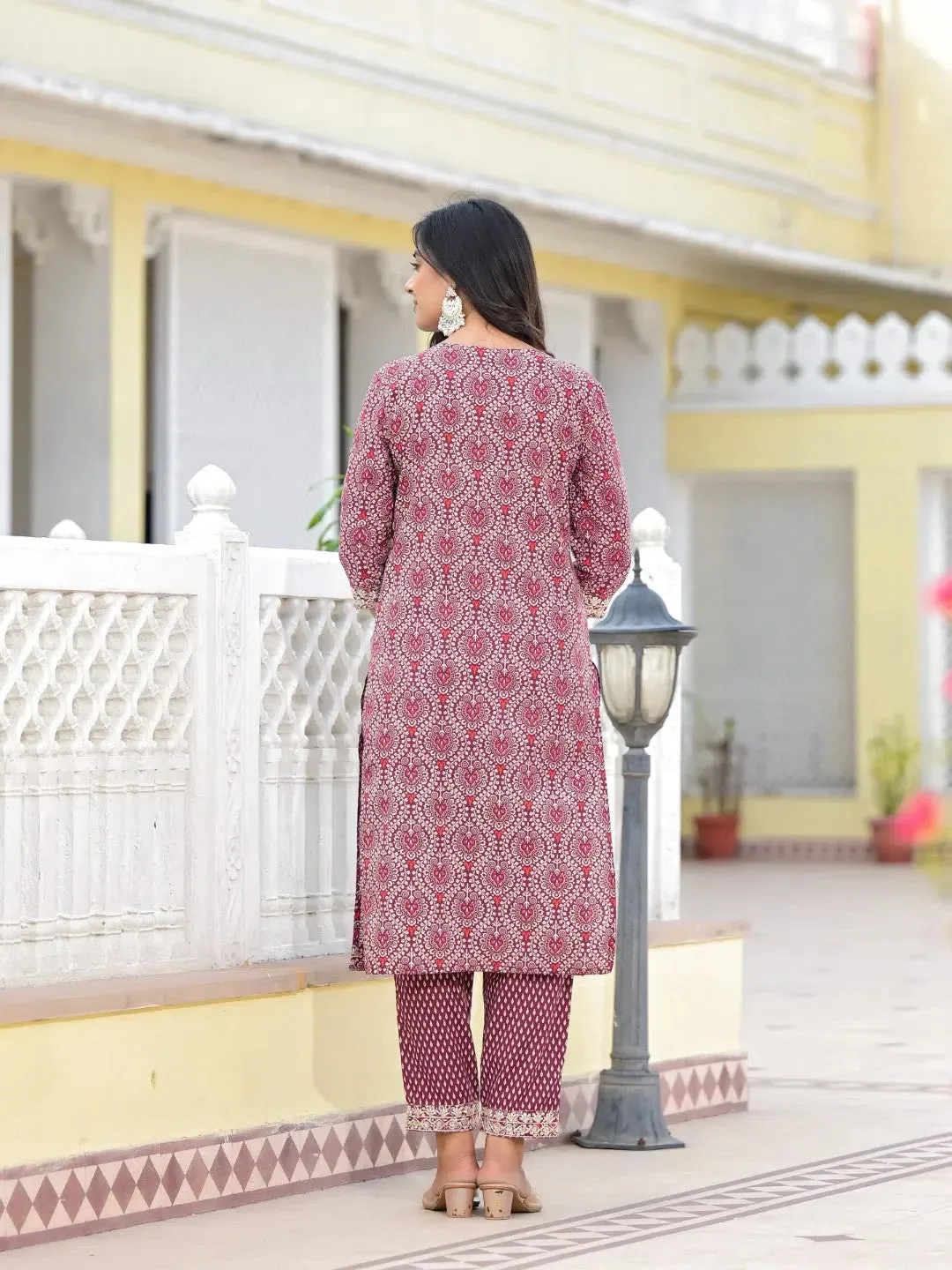 Wine Ethnic Motif Printed Cotton Kurta, Pant And Dupatta Set With Zari Work & Sequins-J4802OT11WINE