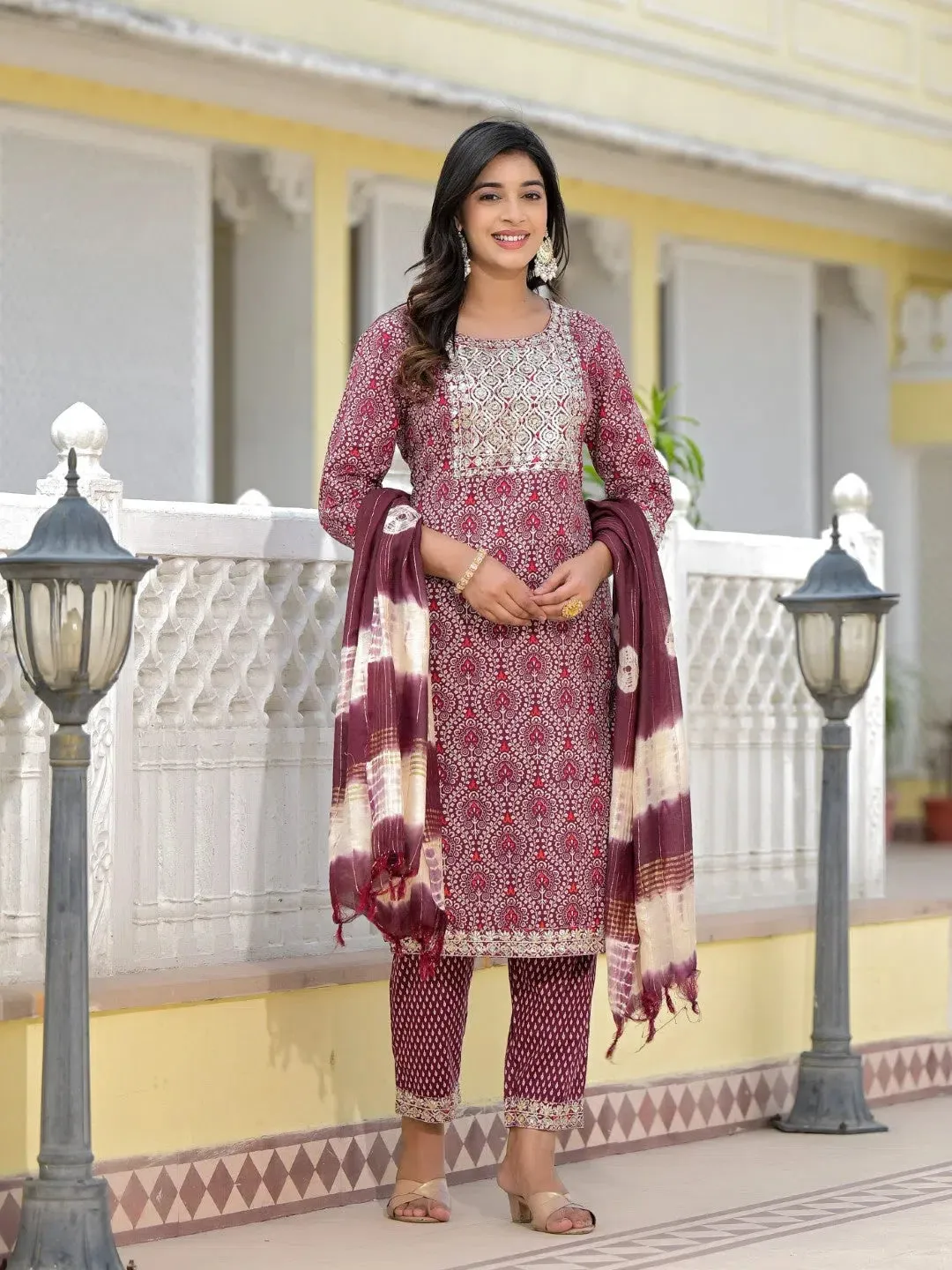 Wine Ethnic Motif Printed Cotton Kurta, Pant And Dupatta Set With Zari Work & Sequins-J4802OT11WINE
