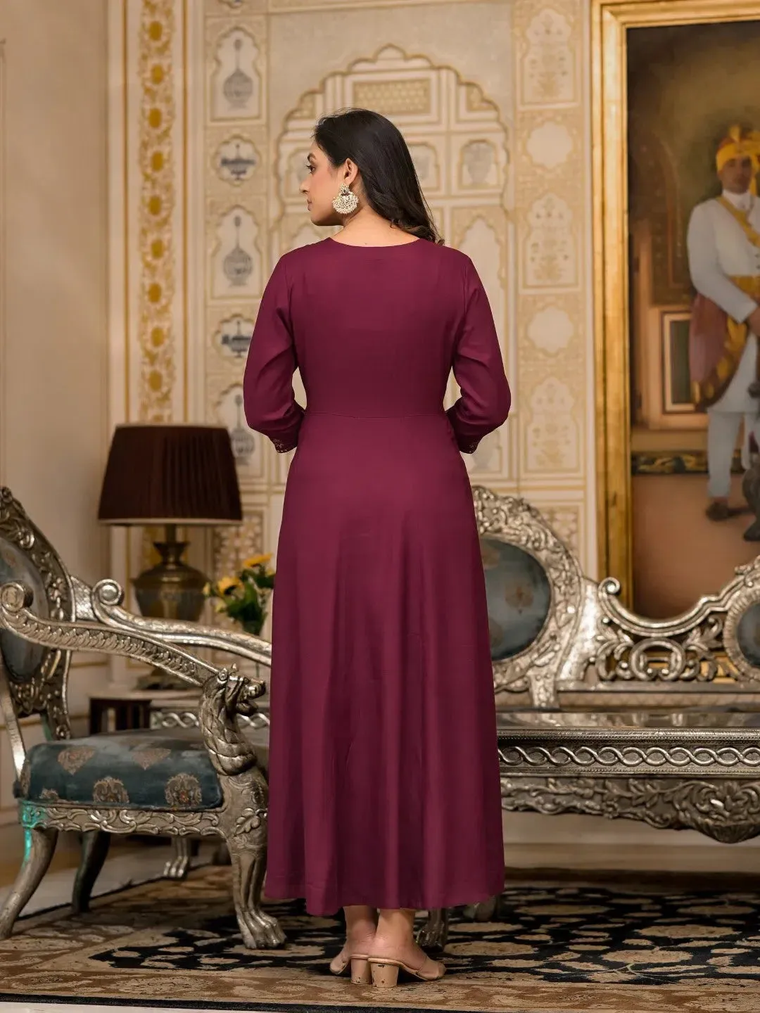 Wine Mirror Embroidered Liva Rayon Dress For Women With Sequins-J4803OT11WINE