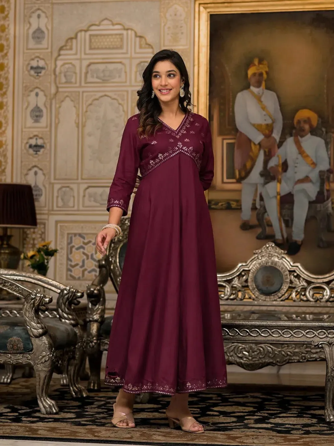 Wine Mirror Embroidered Liva Rayon Dress For Women With Sequins-J4803OT11WINE