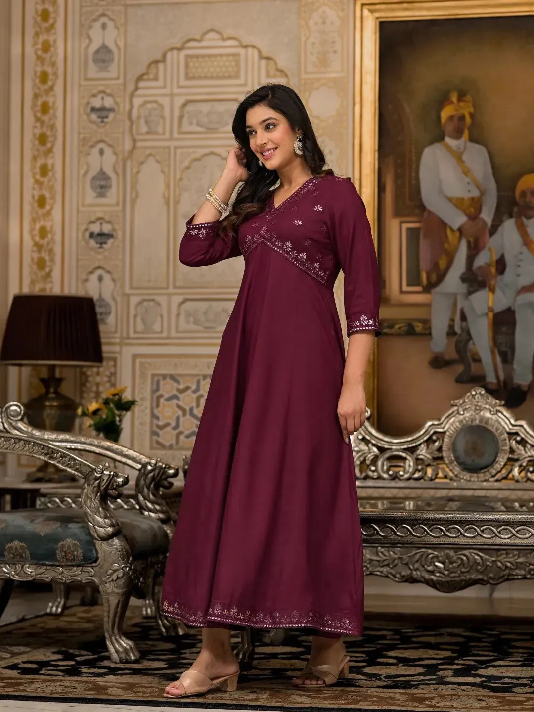 Wine Mirror Embroidered Liva Rayon Dress For Women With Sequins-J4803OT11WINE