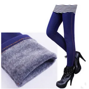 Winter Leggings Women Warm Fleeces Leggings Solid Thicken Footless Legging Faux Denim Pants DD8029