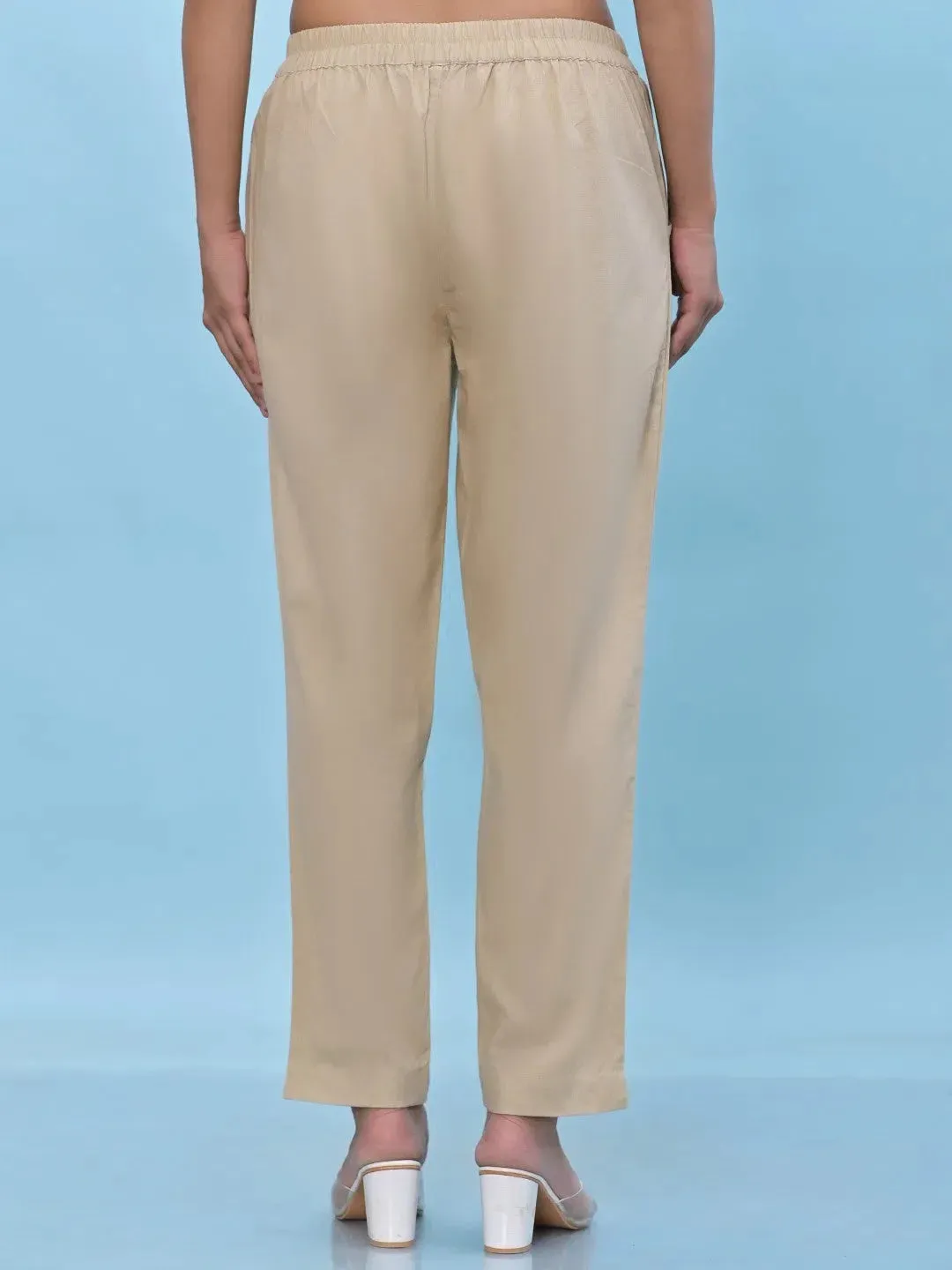 Women Beige Solid Cotton Pants with Partially Elasticated Waistband and Two Side Pockets-J4954OT9BEIGE