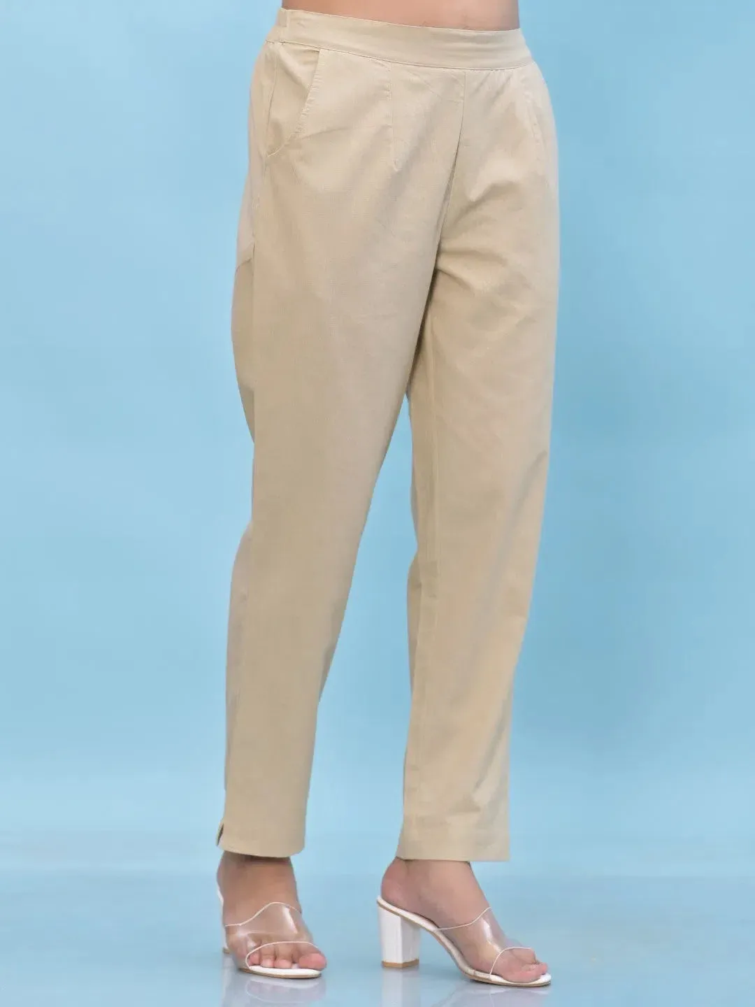 Women Beige Solid Cotton Pants with Partially Elasticated Waistband and Two Side Pockets-J4954OT9BEIGE