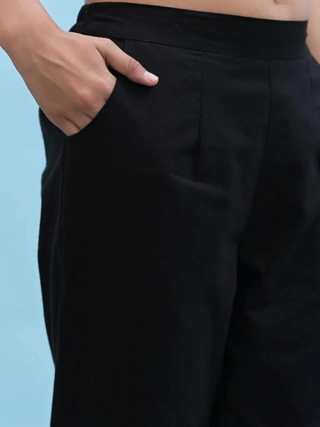 Women Black Solid Cotton Pants with Partially Elasticated Waistband and Two Side Pockets-J4946OT9BLACK