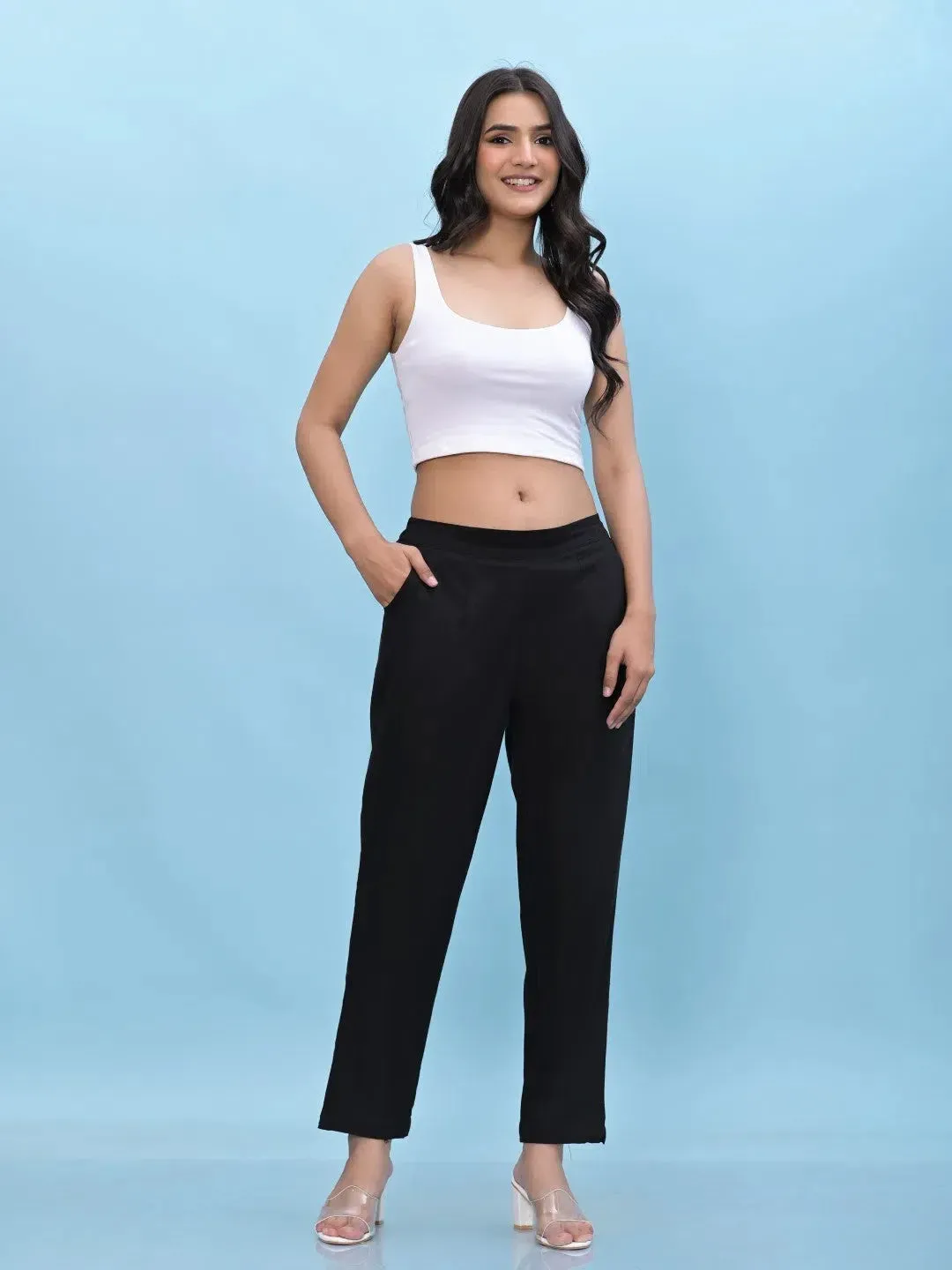 Women Black Solid Cotton Pants with Partially Elasticated Waistband and Two Side Pockets-J4946OT9BLACK