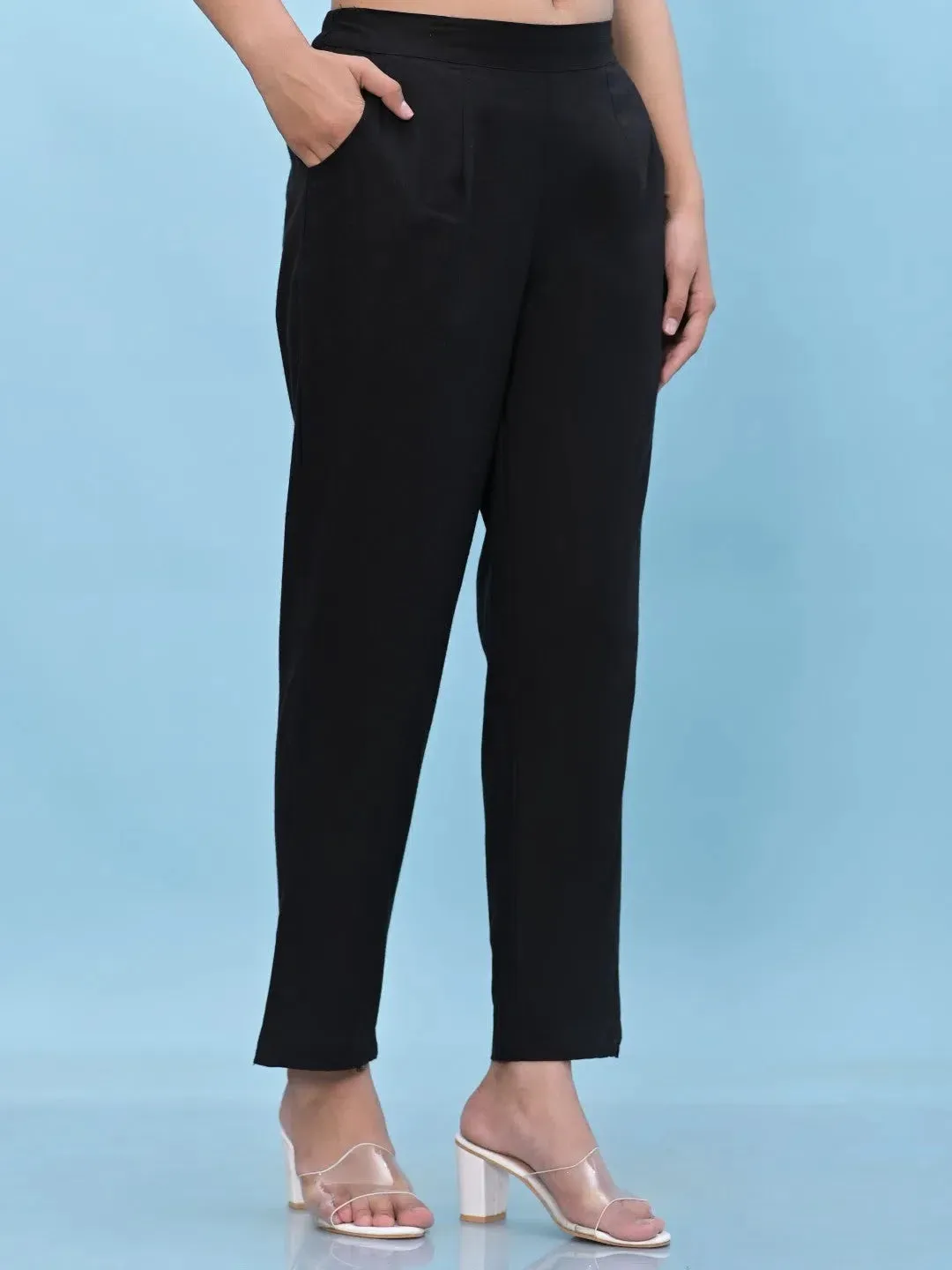 Women Black Solid Cotton Pants with Partially Elasticated Waistband and Two Side Pockets-J4946OT9BLACK