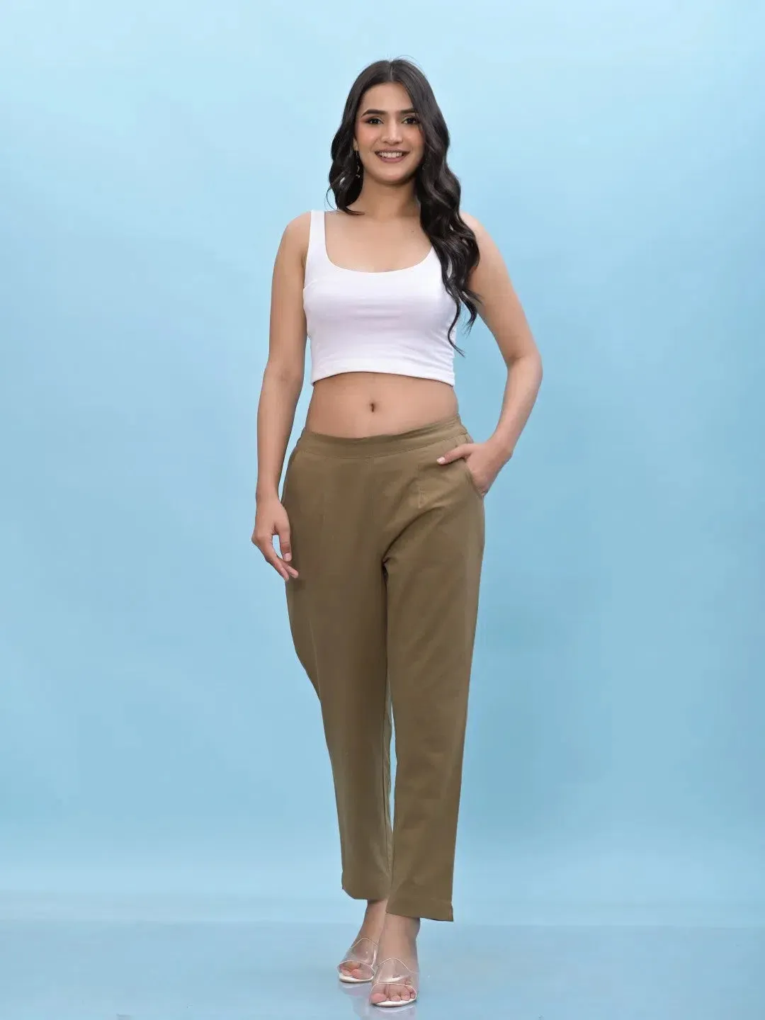 Women Brown Solid Cotton Pants with Partially Elasticated Waistband and Two Side Pockets-J4950OT9BROWN