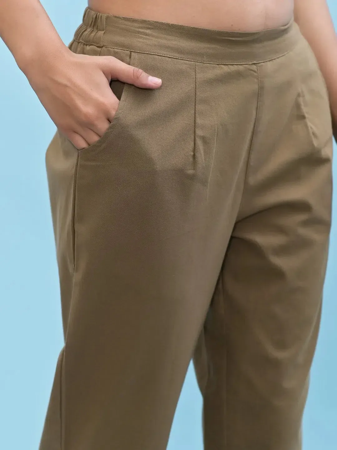 Women Brown Solid Cotton Pants with Partially Elasticated Waistband and Two Side Pockets-J4950OT9BROWN