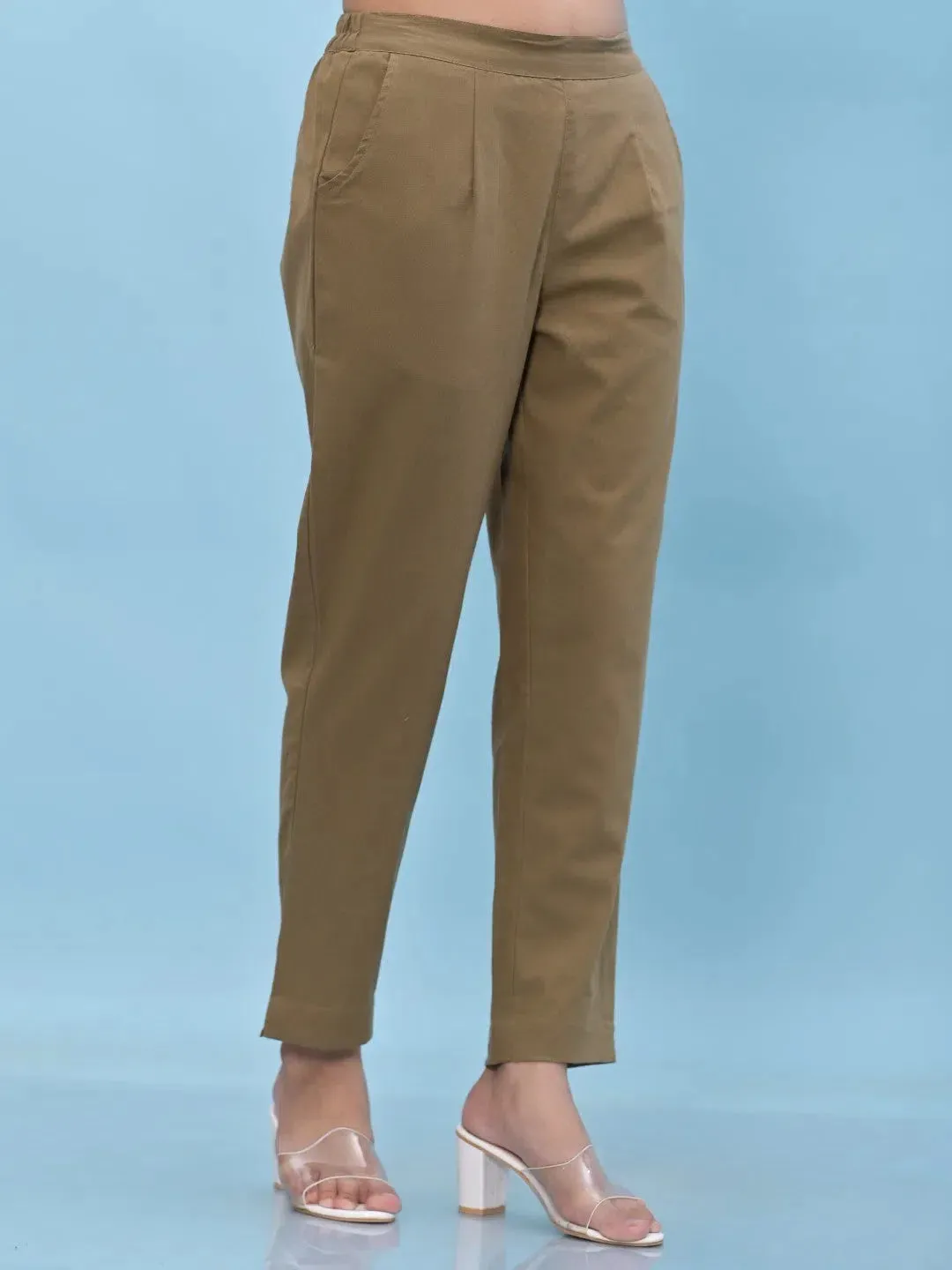Women Brown Solid Cotton Pants with Partially Elasticated Waistband and Two Side Pockets-J4950OT9BROWN