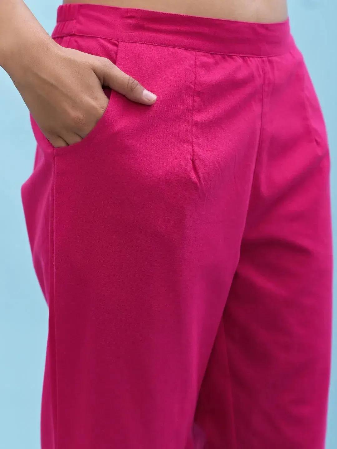 Women Fuchsia Solid Cotton Pants with Partially Elasticated Waistband and Two Side Pockets-J4949OT9FUCHSIA