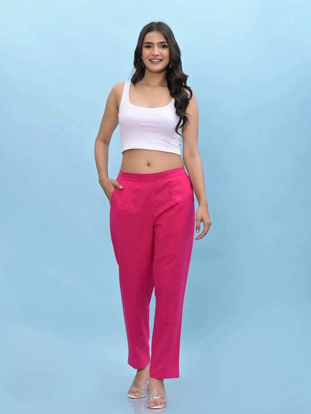 Women Fuchsia Solid Cotton Pants with Partially Elasticated Waistband and Two Side Pockets-J4949OT9FUCHSIA