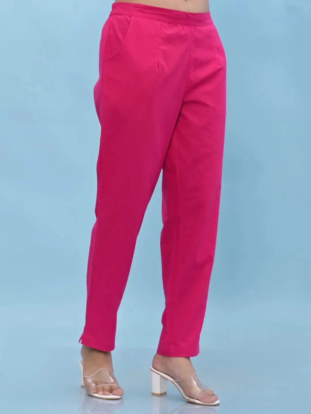 Women Fuchsia Solid Cotton Pants with Partially Elasticated Waistband and Two Side Pockets-J4949OT9FUCHSIA