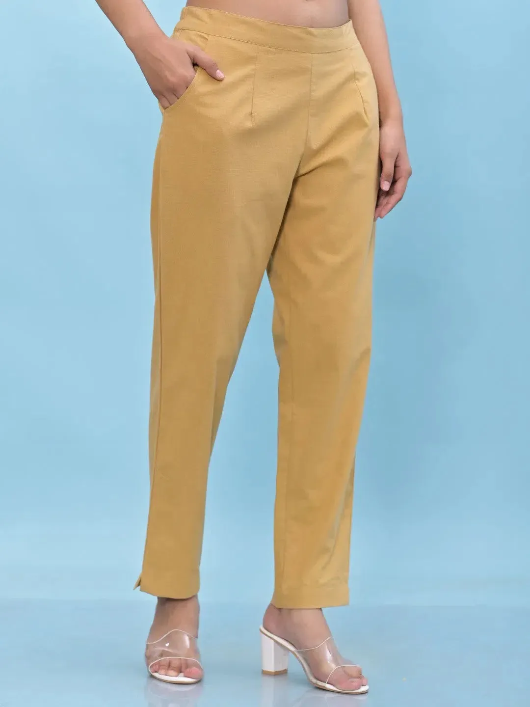 Women Gold Solid Cotton Pants with Partially Elasticated Waistband and Two Side Pockets-J4956OT9GOLD