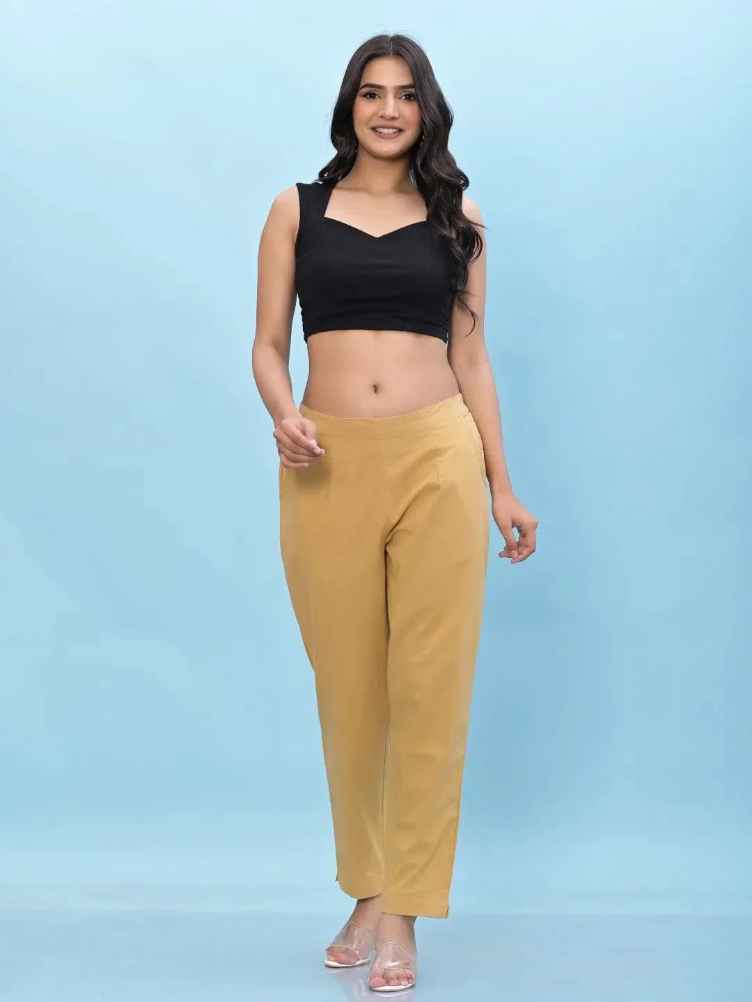 Women Gold Solid Cotton Pants with Partially Elasticated Waistband and Two Side Pockets-J4956OT9GOLD