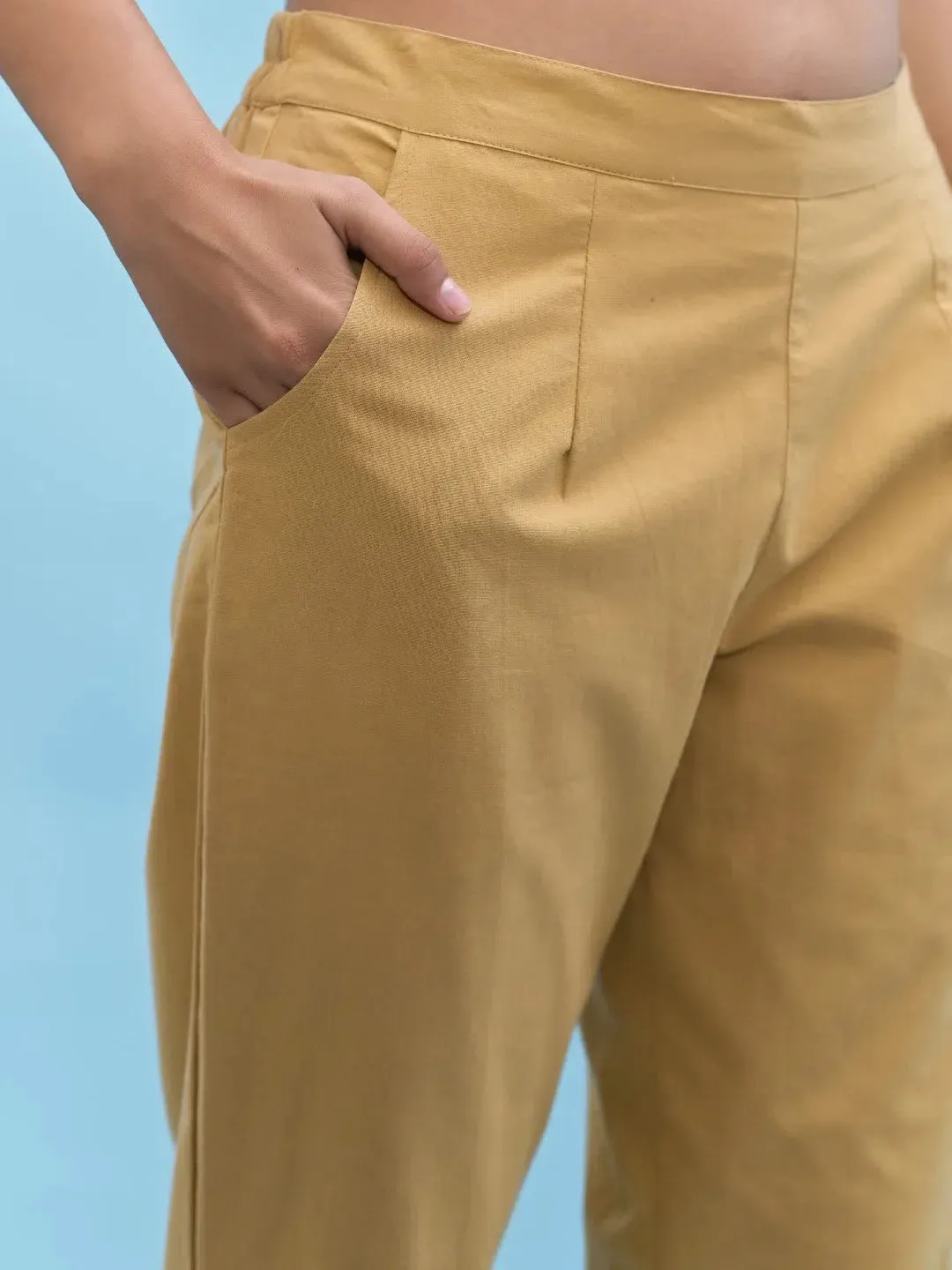 Women Gold Solid Cotton Pants with Partially Elasticated Waistband and Two Side Pockets-J4956OT9GOLD
