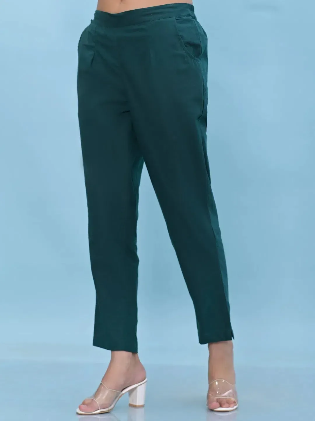 Women Green Solid Cotton Pants with Partially Elasticated Waistband and Two Side Pockets-J4955OT9GREEN
