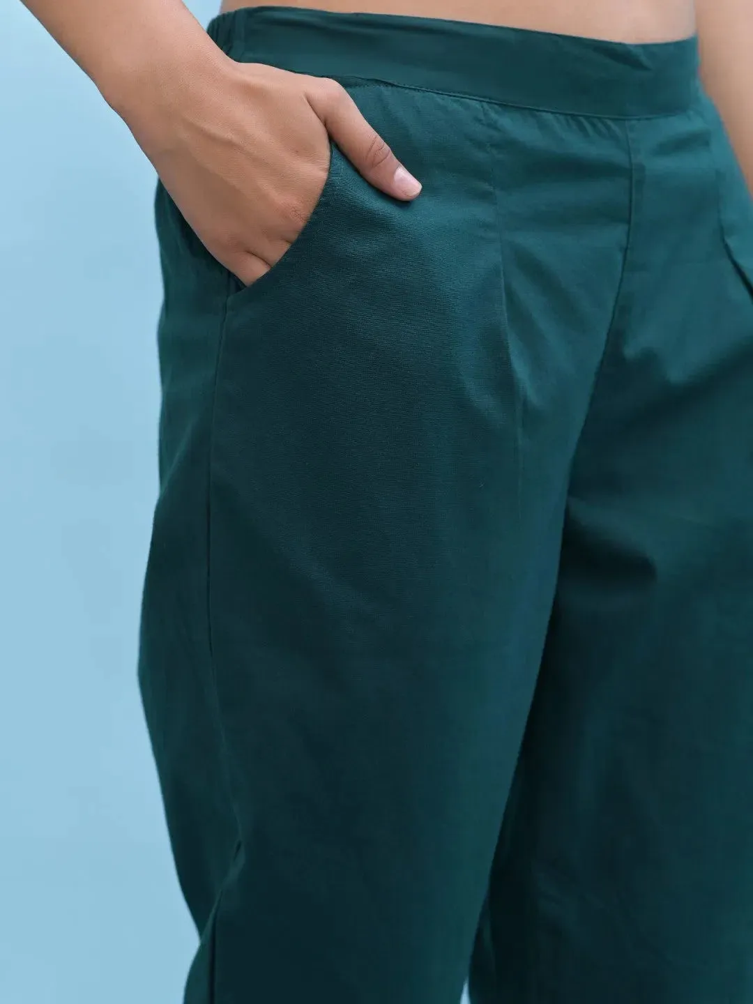 Women Green Solid Cotton Pants with Partially Elasticated Waistband and Two Side Pockets-J4955OT9GREEN