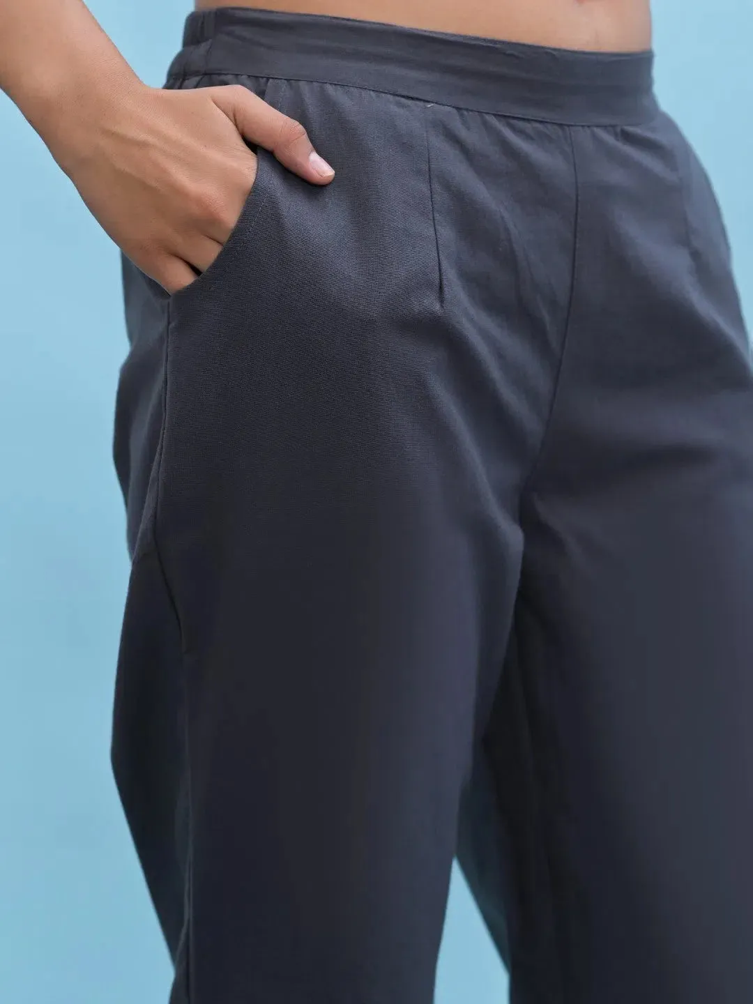 Women Grey Solid Cotton Pants with Partially Elasticated Waistband and Two Side Pockets-J4951OT9GREY