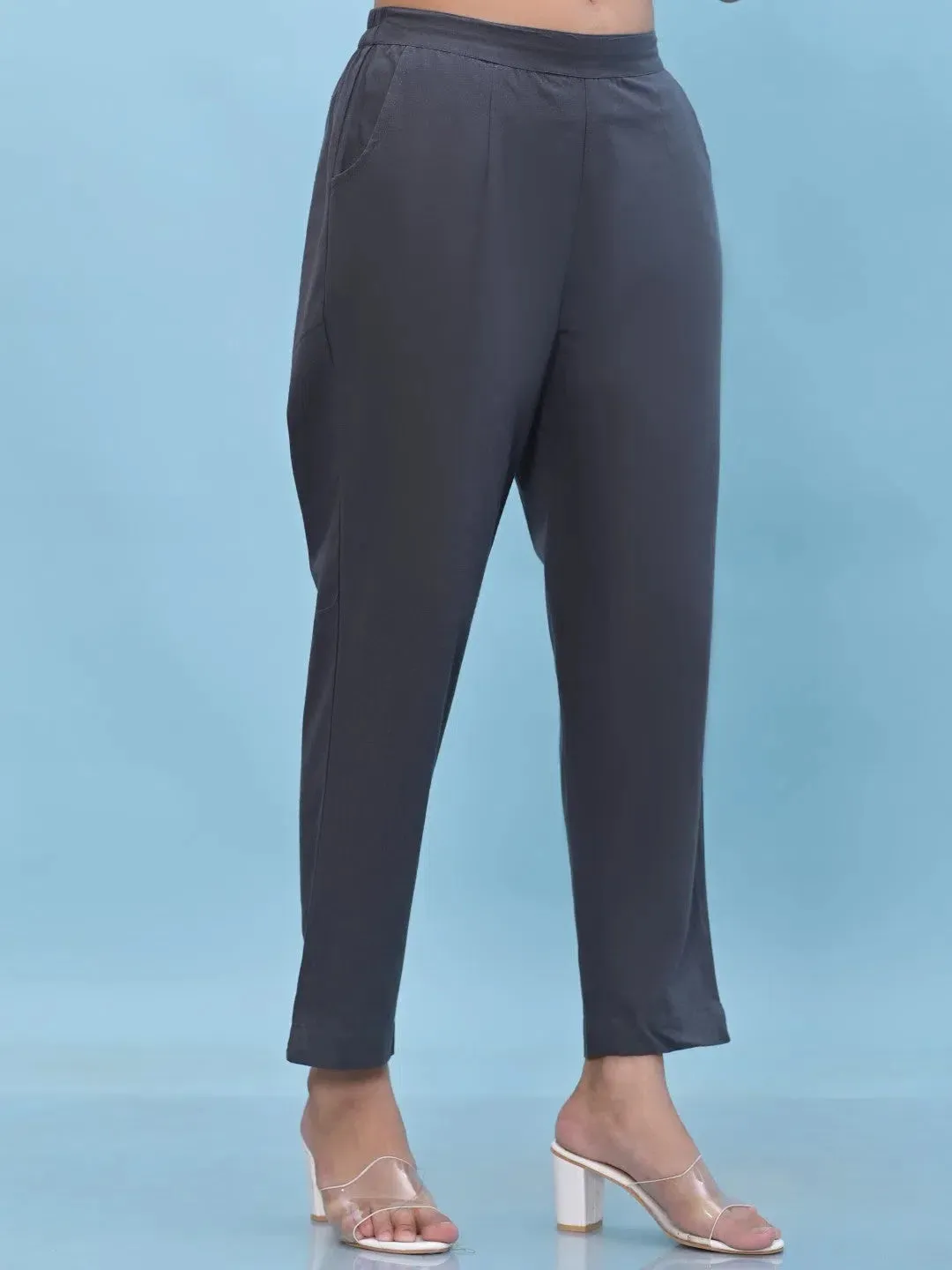 Women Grey Solid Cotton Pants with Partially Elasticated Waistband and Two Side Pockets-J4951OT9GREY
