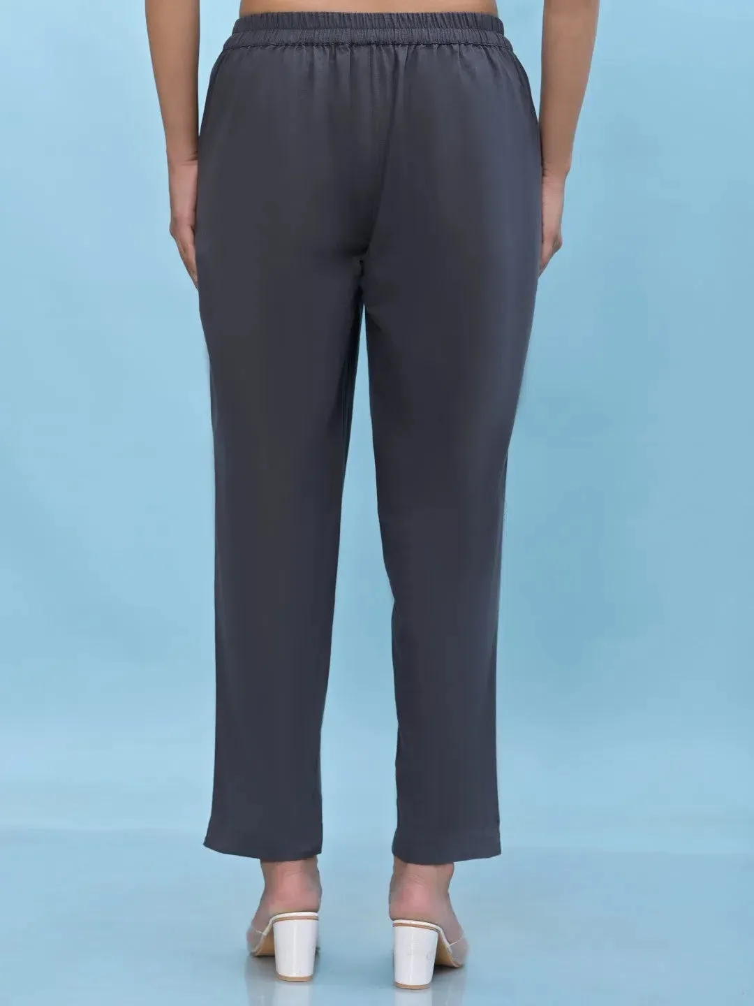Women Grey Solid Cotton Pants with Partially Elasticated Waistband and Two Side Pockets-J4951OT9GREY