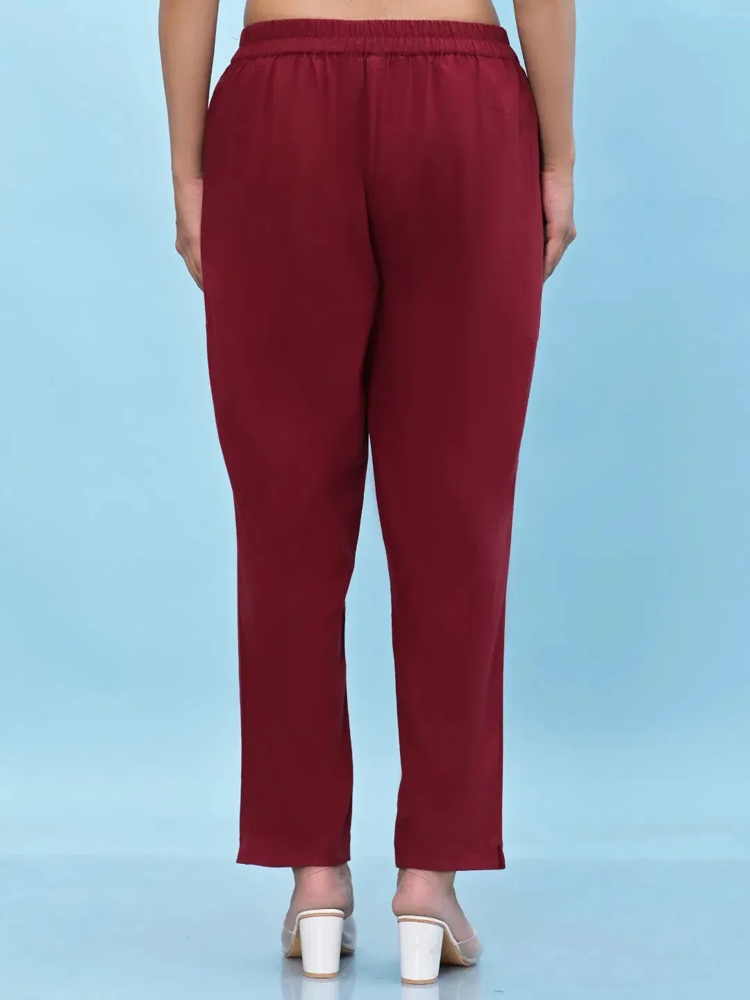 Women Maroon Solid Cotton Pants with Partially Elasticated Waistband and Two Side Pockets-J4952OT9MAROON