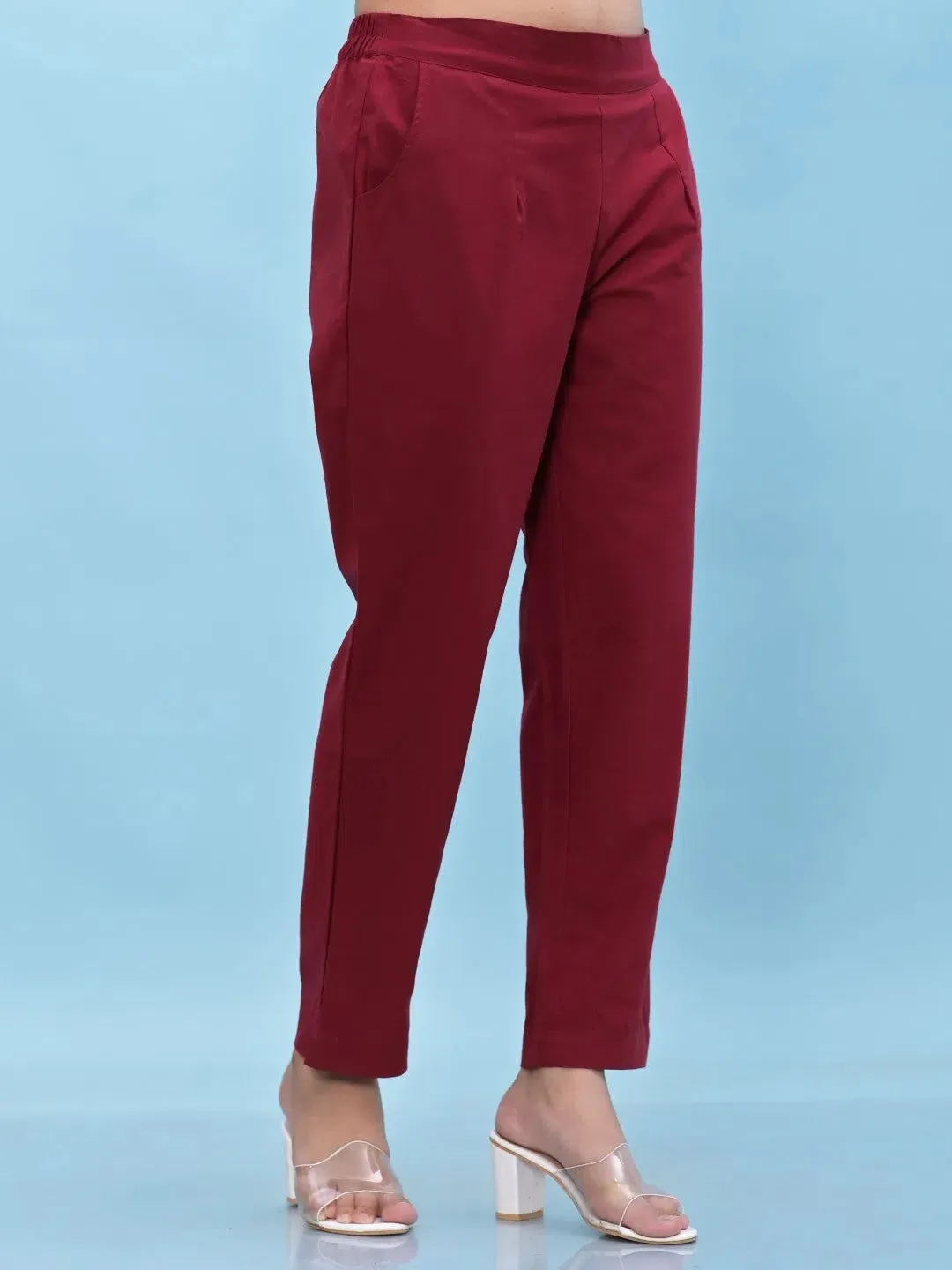 Women Maroon Solid Cotton Pants with Partially Elasticated Waistband and Two Side Pockets-J4952OT9MAROON