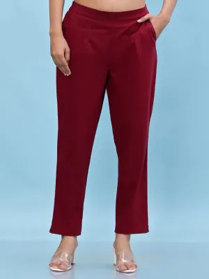 Women Maroon Solid Cotton Pants with Partially Elasticated Waistband and Two Side Pockets-J4952OT9MAROON