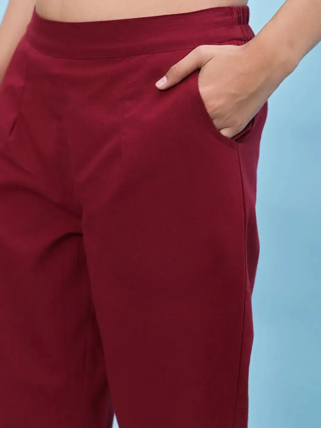 Women Maroon Solid Cotton Pants with Partially Elasticated Waistband and Two Side Pockets-J4952OT9MAROON