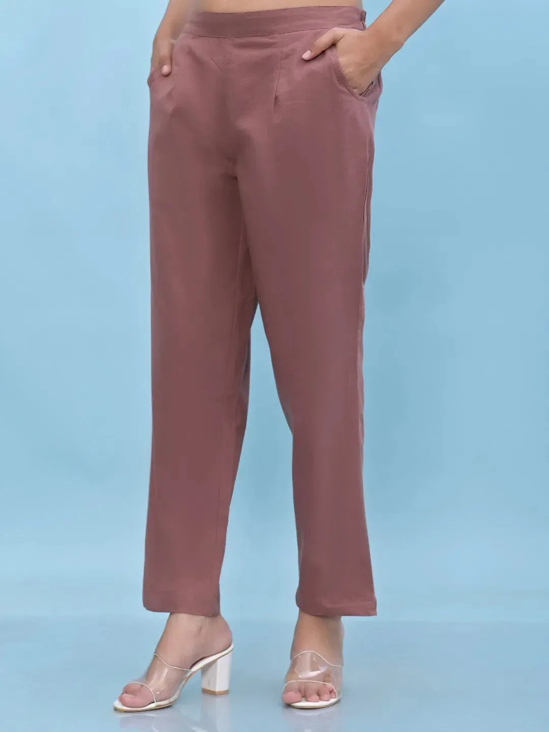 Women Mauve Solid Cotton Pants with Partially Elasticated Waistband and Two Side Pockets-J4957OT9MAUVE