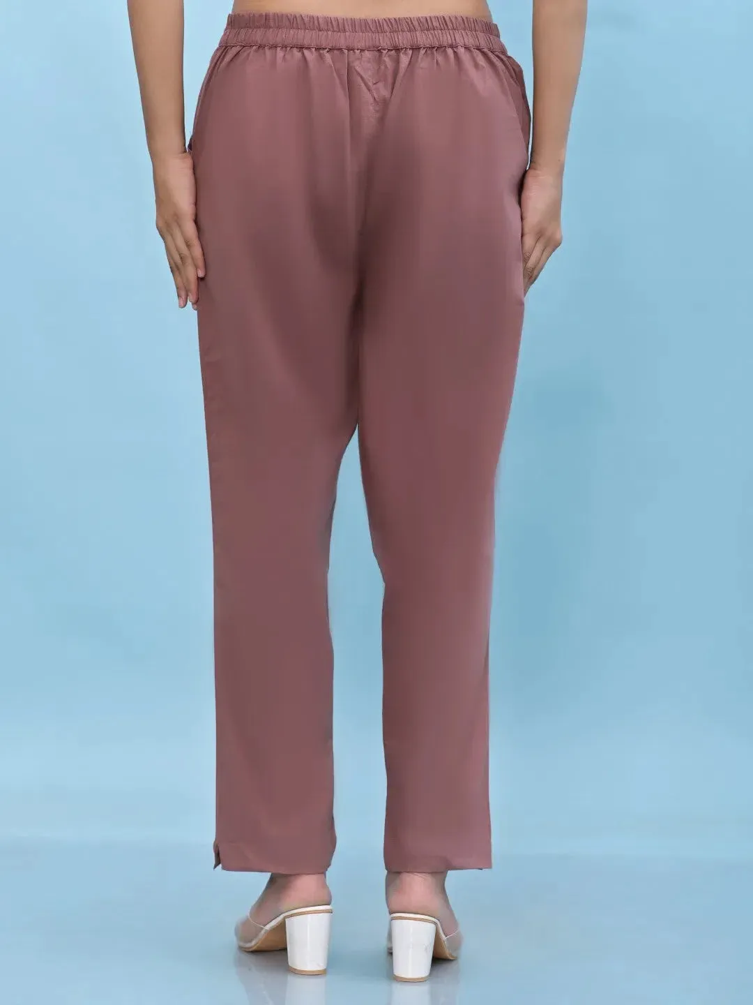Women Mauve Solid Cotton Pants with Partially Elasticated Waistband and Two Side Pockets-J4957OT9MAUVE