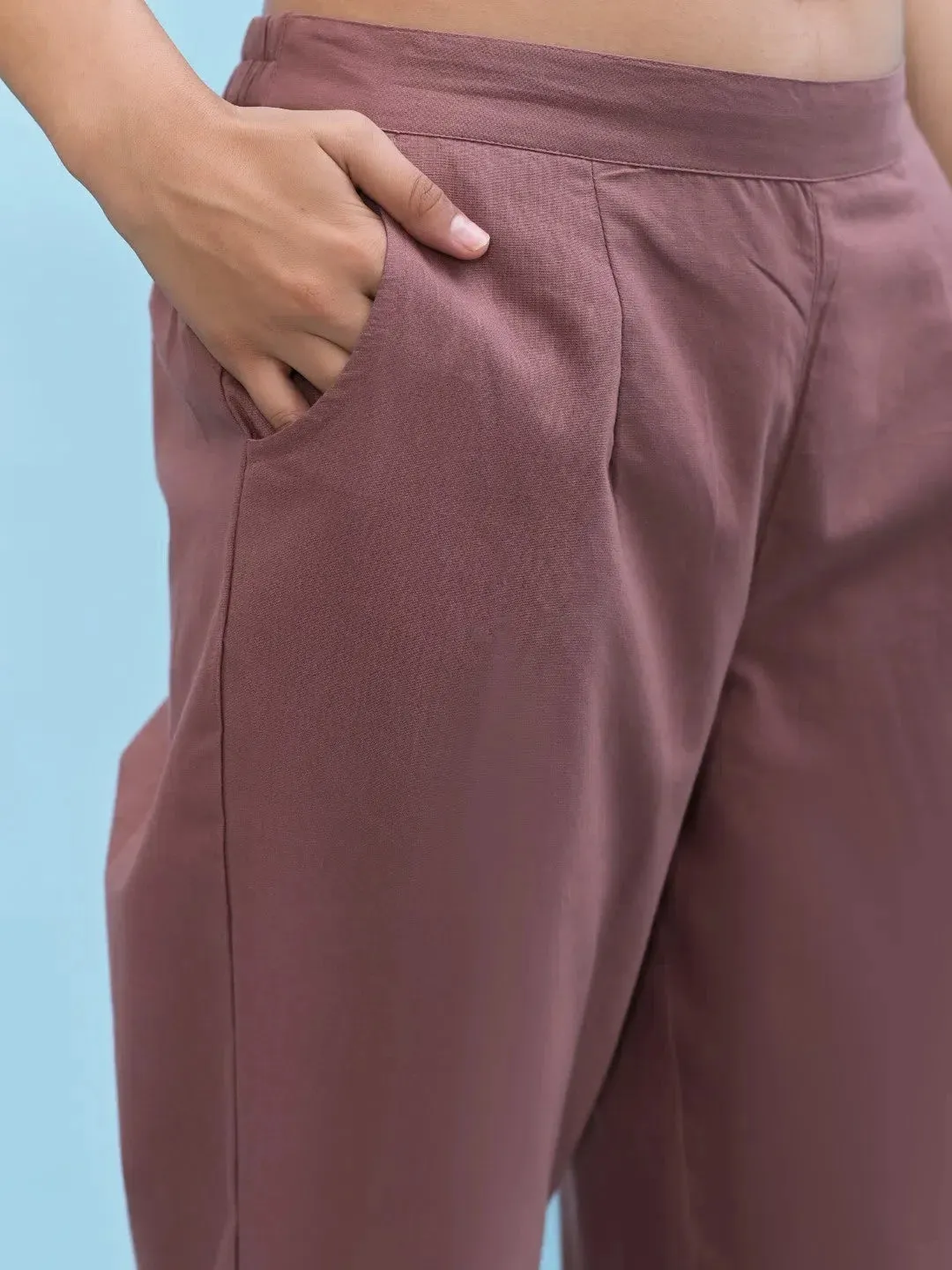 Women Mauve Solid Cotton Pants with Partially Elasticated Waistband and Two Side Pockets-J4957OT9MAUVE