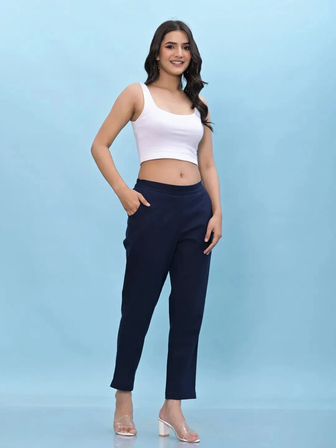 Women Navy Blue Solid Cotton Pants with Partially Elasticated Waistband and Two Side Pockets-J4948OT9NAVY