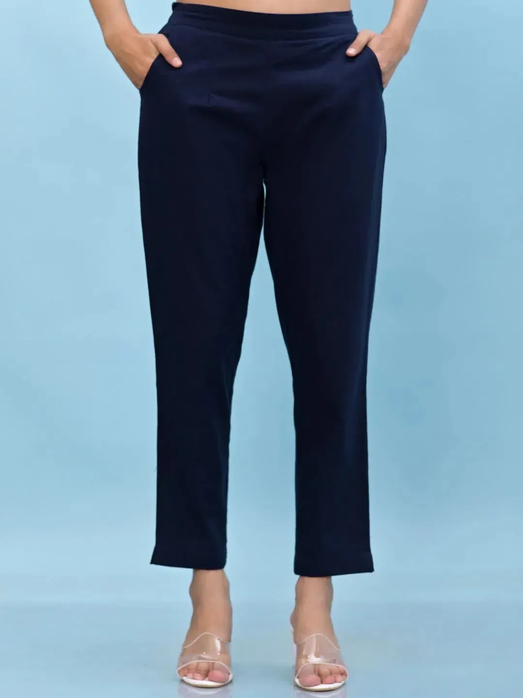 Women Navy Blue Solid Cotton Pants with Partially Elasticated Waistband and Two Side Pockets-J4948OT9NAVY