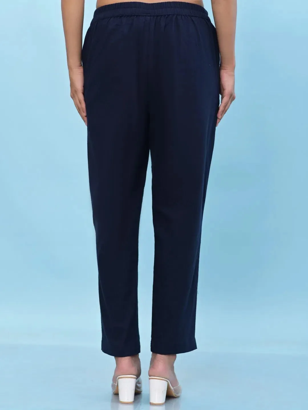 Women Navy Blue Solid Cotton Pants with Partially Elasticated Waistband and Two Side Pockets-J4948OT9NAVY