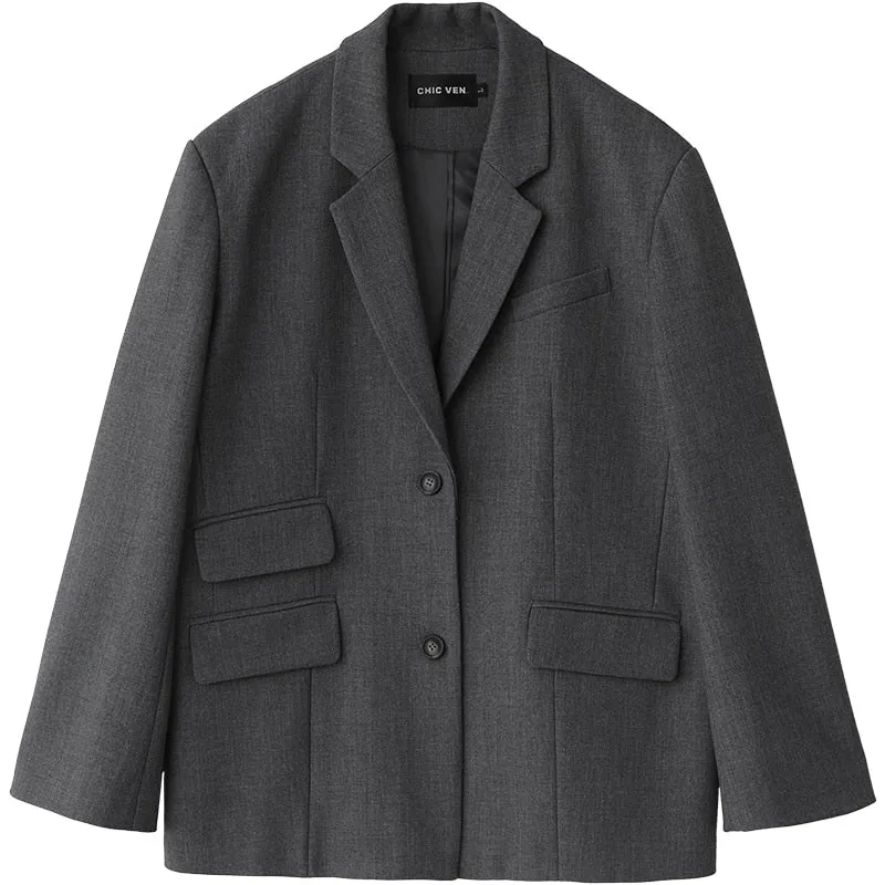 Women Office Lady Blazer Cuff Embroidery Wide Shoulder Twill Suit