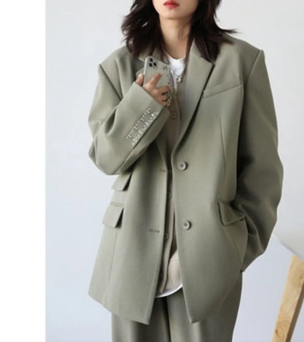 Women Office Lady Blazer Cuff Embroidery Wide Shoulder Twill Suit