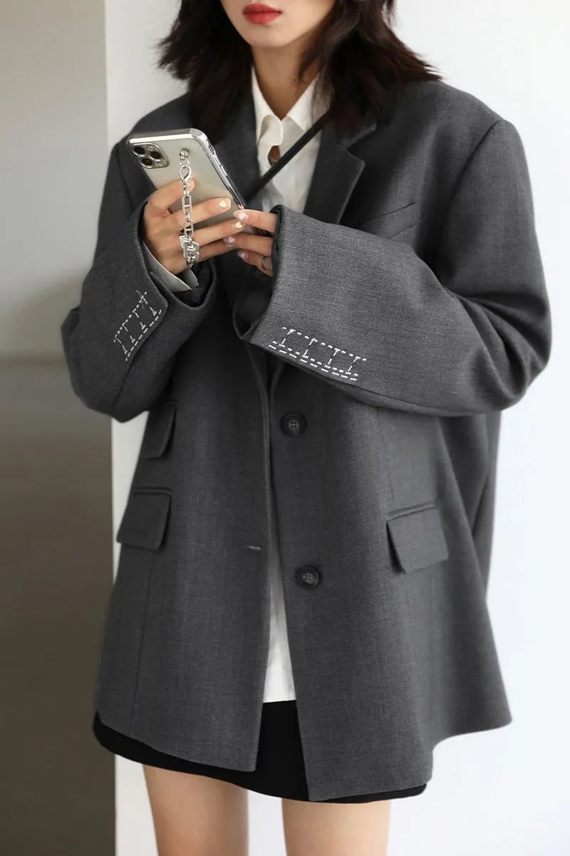 Women Office Lady Blazer Cuff Embroidery Wide Shoulder Twill Suit