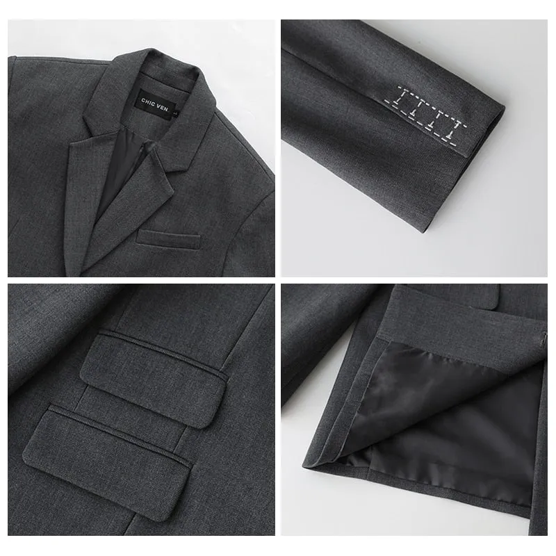 Women Office Lady Blazer Cuff Embroidery Wide Shoulder Twill Suit