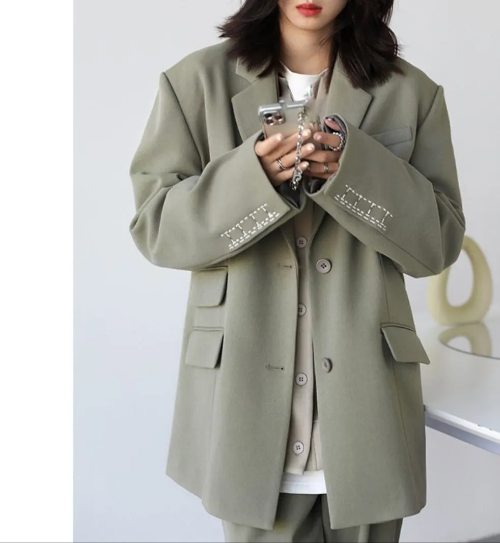 Women Office Lady Blazer Cuff Embroidery Wide Shoulder Twill Suit