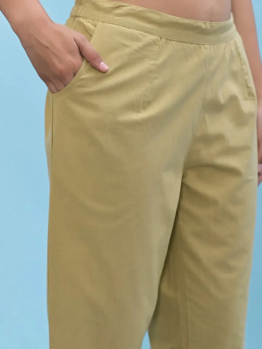 Women Olive Solid Cotton Pants with Partially Elasticated Waistband and Two Side Pockets-J4958OT9OLIVE