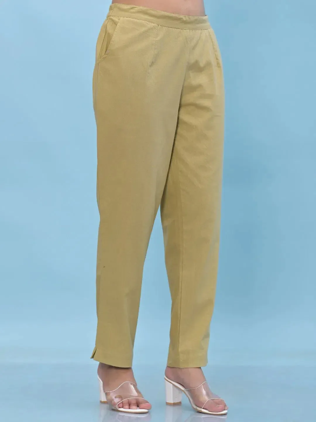 Women Olive Solid Cotton Pants with Partially Elasticated Waistband and Two Side Pockets-J4958OT9OLIVE